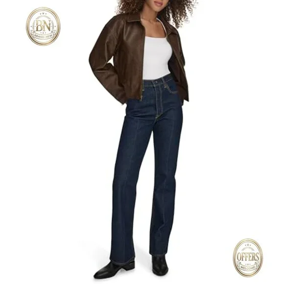 Faux Leather Bomber Jacket with Laydown Collar and Adjustable Cuffs